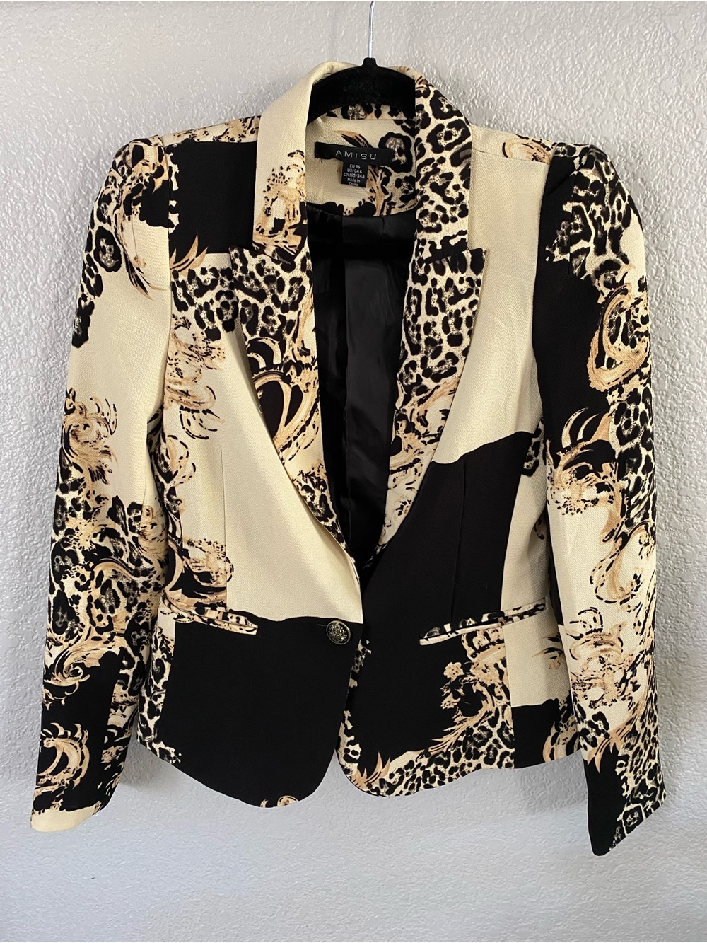 Amisu Black and Cream Mixed-Print Tailored Blazer